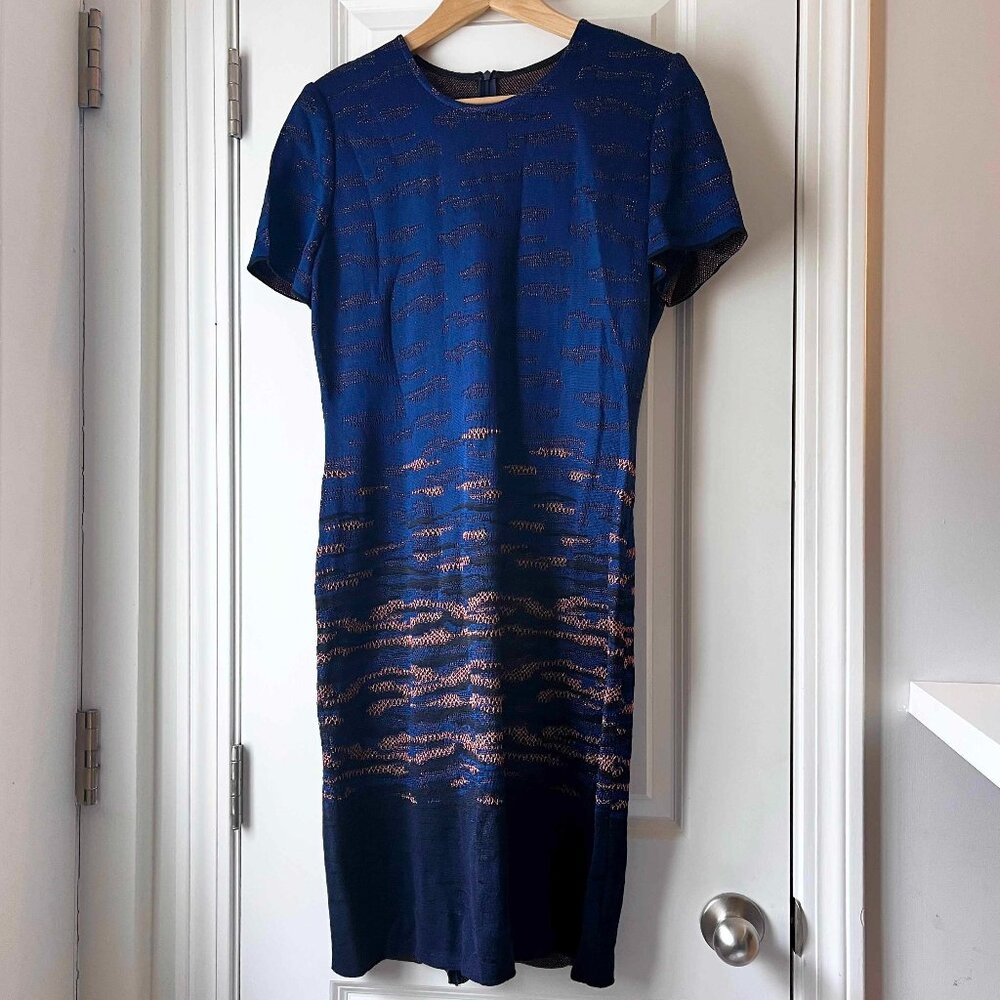 NWOT Women's ST. JOHN Knits Sunset Shimmer Jacquard Dress Blue Black Copper 8